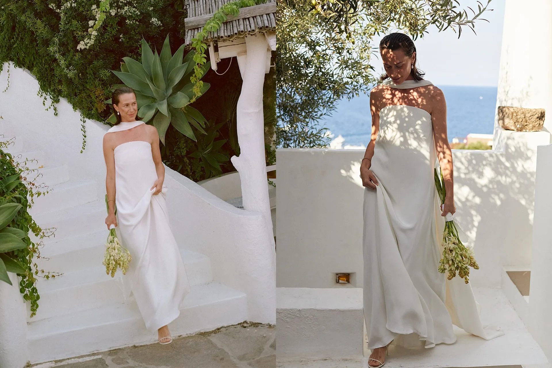 Minimalist slip gelinlik ile sleek low bun, modern contemporary bridal style 2026