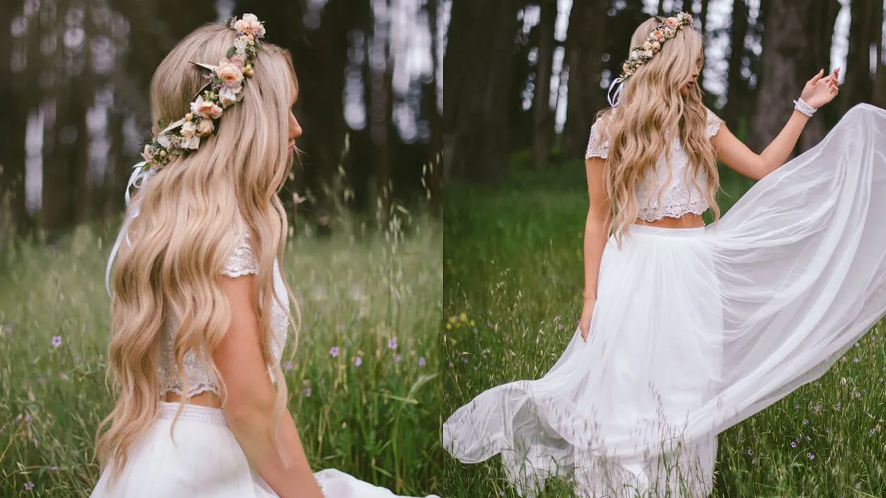 Bohem gelinlik ile örgülü taç ve çiçekli doğal saç, free-spirited boho bride 2026